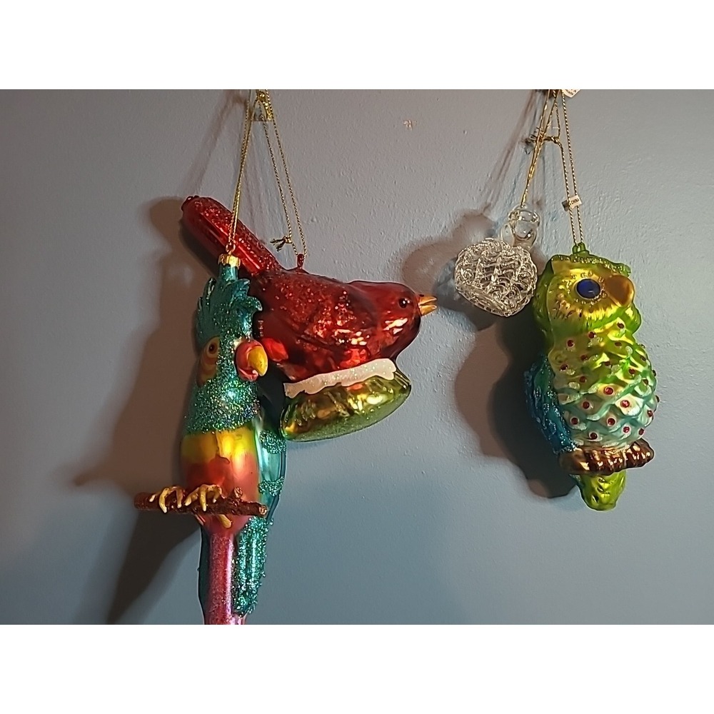 Lot 4 Blown Glass Bird Christmas Ornaments Sparkly Glitter Parrot Owl Cardinal